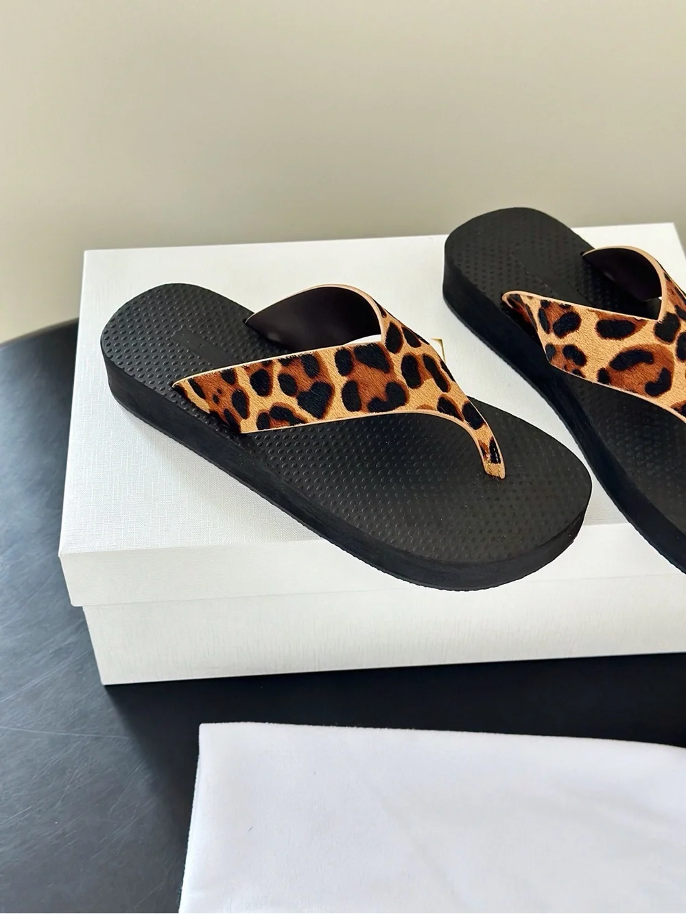 The Row Leopard-Print Thong Sandals with Black Footbed